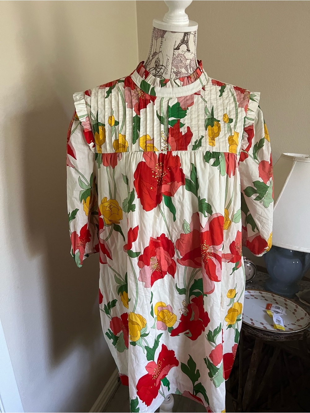 TCEC Floral Print Tunic Dress in White, Red, Yellow & Green